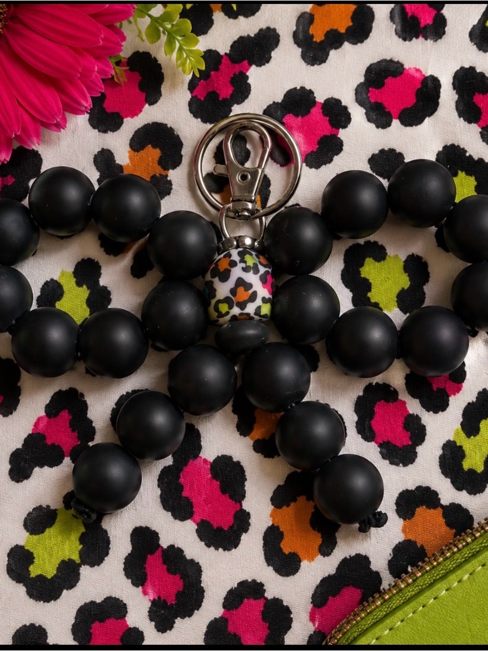 Handmade Matte Black Beaded Bow Keychain with Multicolor Leopard Accent